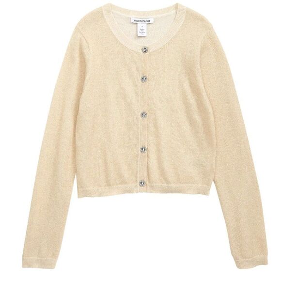 Nordstrom Cardigan Kids' Shimmer Gold Sparkle Jewel Button Front Holiday Cute - Picture 1 of 9